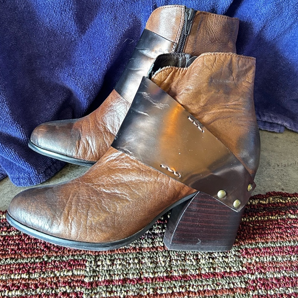 Brown Faux Leather Booties With Bronze Strap